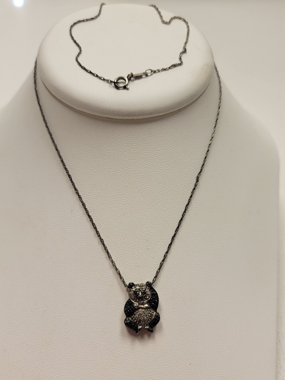 925 Sterling Silver Black And Clear Diamond Panda Pendant Necklace 2.9g